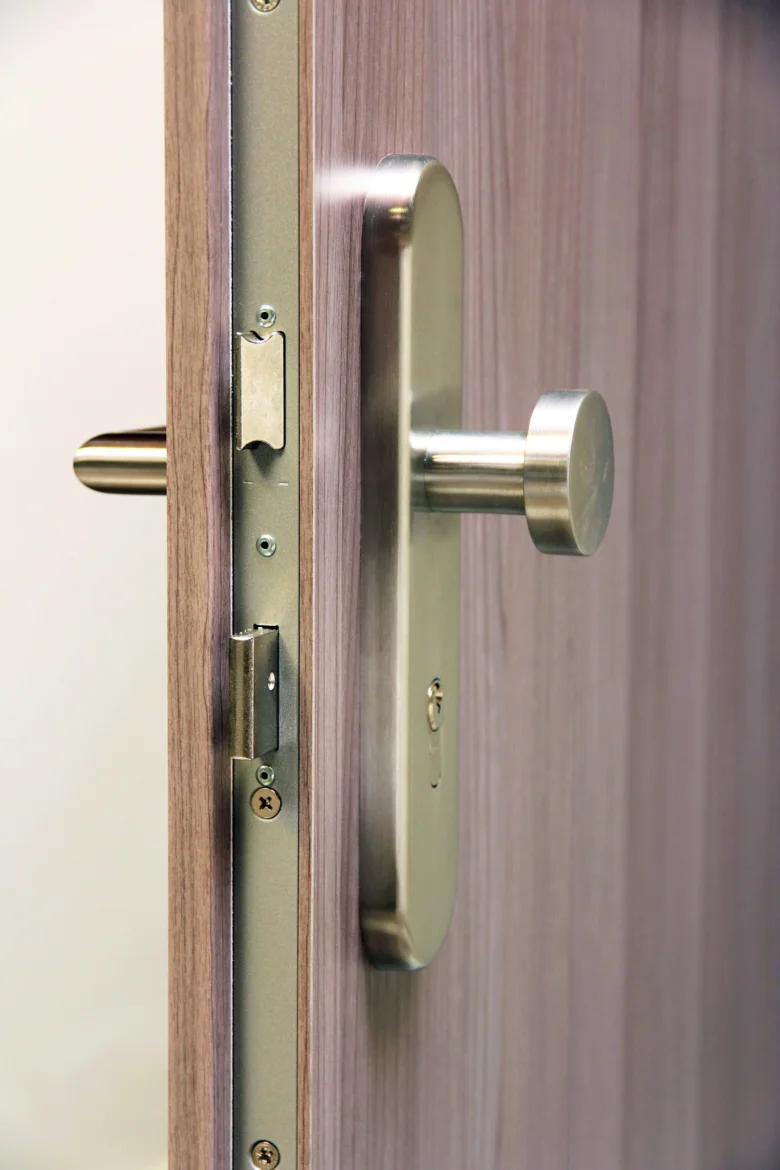 Detailní pohled na mechanismy zámku v okraji dveří.