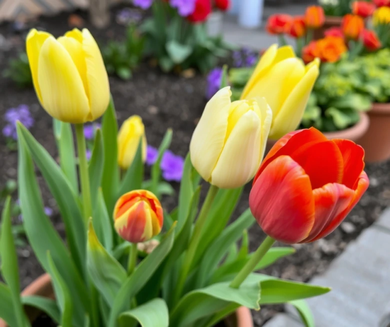 Žluté a červené tulipány rostoucí v květináči na zahradě.