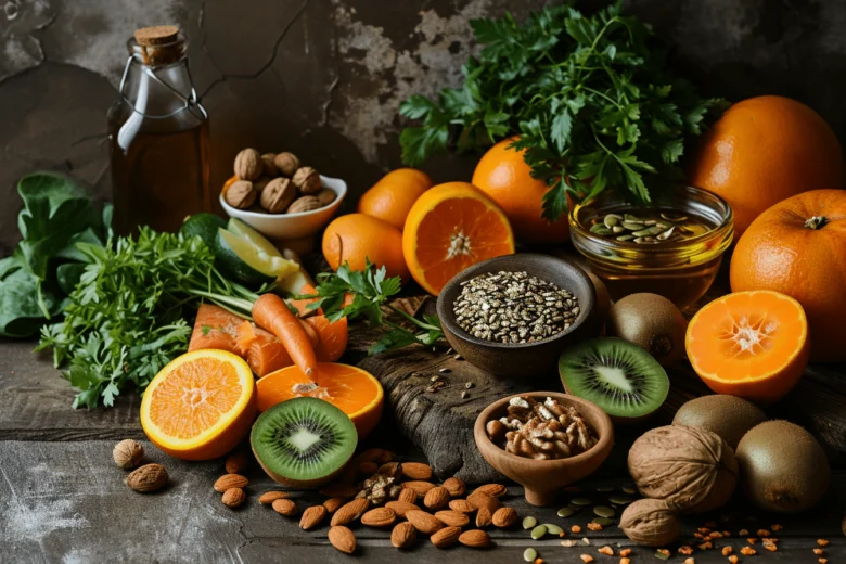 Skládka vitamínů: pomaranče, kiwi, ořechy a semena na dřevě.