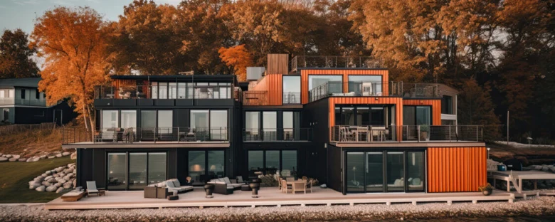 Moderní dům z kontejnerů s velkým okny na pozadí podzimu.