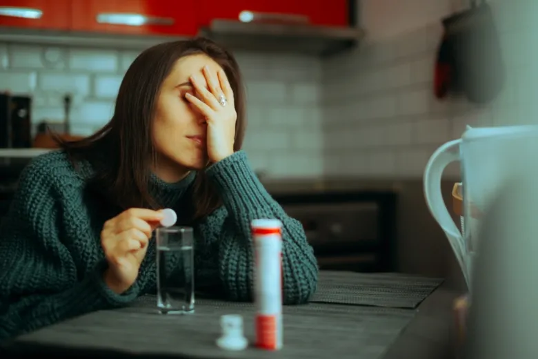 Žena v kuchyni bere tabletu s vodou.