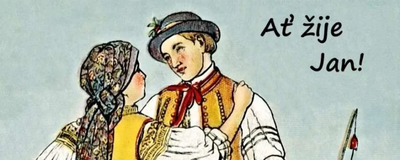 Ilustrace mladého páru v českých lidových krojích.