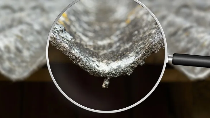 Zvětšený pohled na texturu starého azbestového izolačního materiálu.