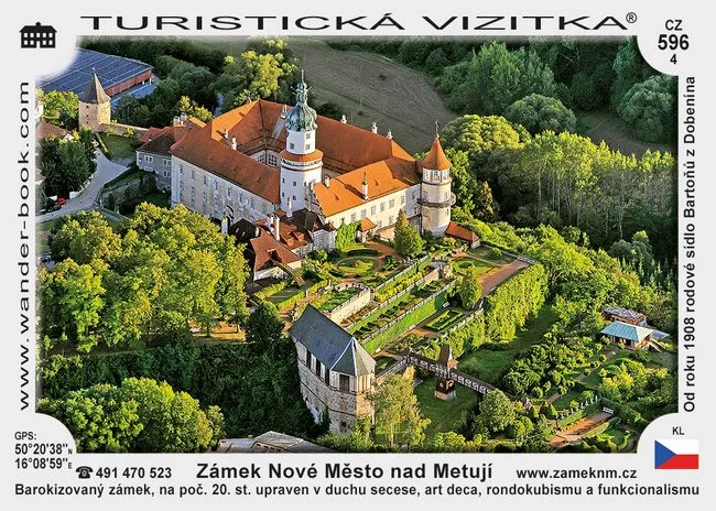 Zámek v Novém Městě nad Metují s zahradami a věžemi.