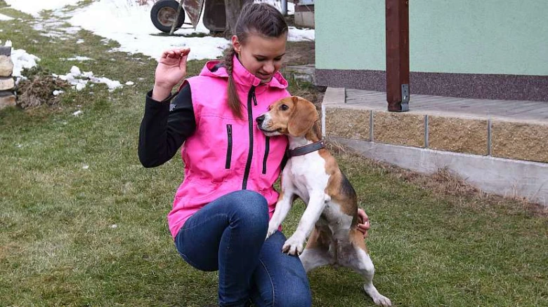 Dívka klečí na trávě s bíglem sedícím vedle ní.
