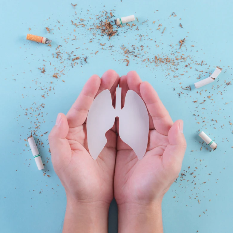 Ruce drží papírové plíce mezi popálenými cigaretami na modrém pozadí.