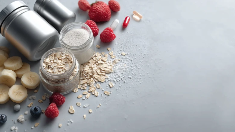 Zdravá strava s ovsem, bobulemi a vitamíny pro hubnutí.