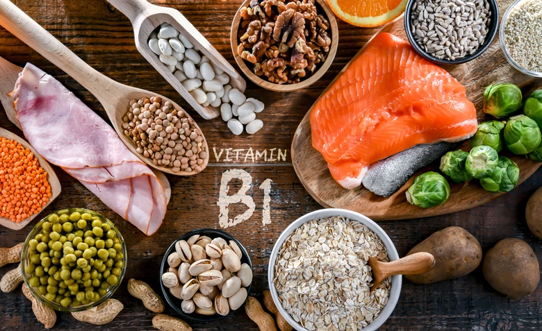 Různá jídla bohatá na vitamin B1 uspořaná kolem textu.
