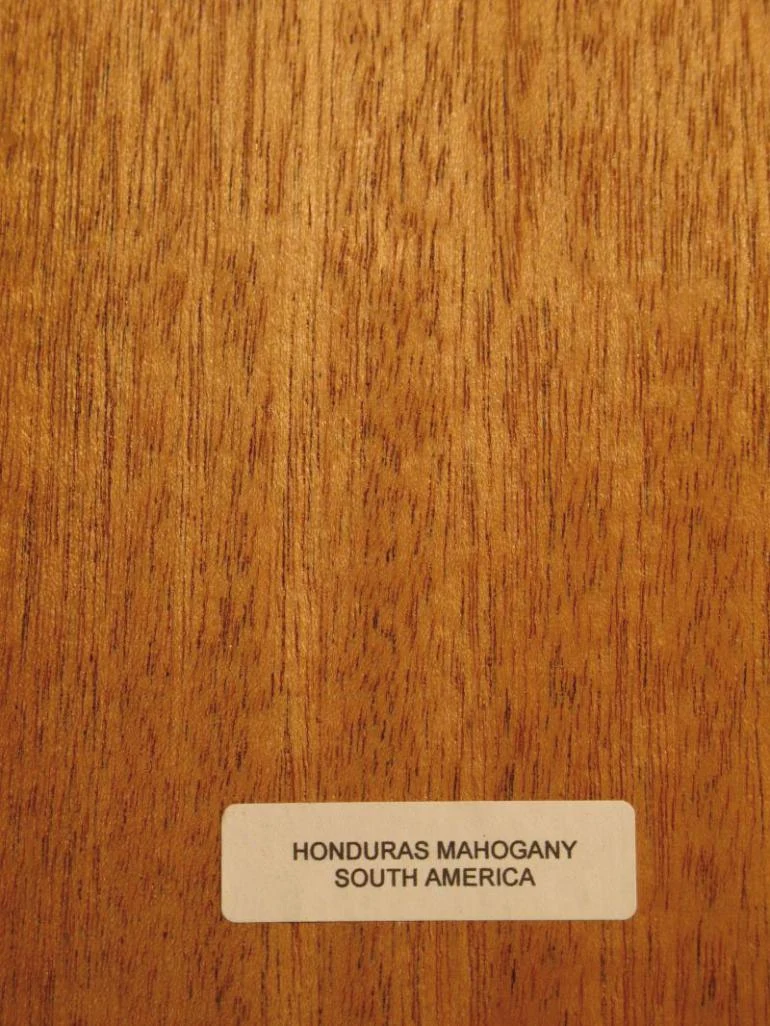 Uzavřený vzorek mahagonu z Hondurasu s viditelnou kresbou dřeva.