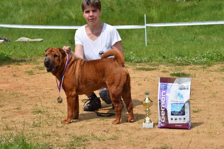 Žena stojí vedle šarpeje na venkovním hřišti s medailemi.