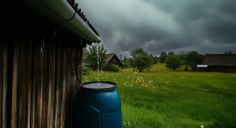 Modrá nádrž sbírající dešťovou vodu z kanalizace na venkově za bouřlivého dne.