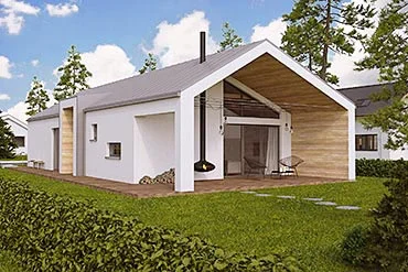 Moderní malá dřevěná stavba s velkým oknem na trámové fasádě.