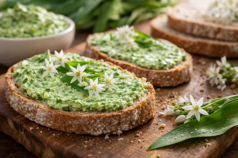 Medvědí česnek na toastu s květy jako ukázka použití v kuchyni.