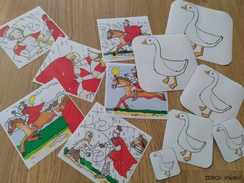 Ručně kreslené karty s příběhy o svatém Martínovi pro děti.