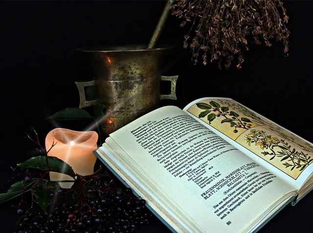 Otevřená kniha o bylinách s mrtvým hlemýždem a svíčkou.