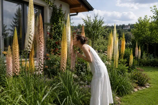 Žena voní vysoké květiny v zahradě s jinými rostlinami.