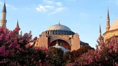 Hagia Sofia v Istanbule s minarety mezi kvetouci stromy.