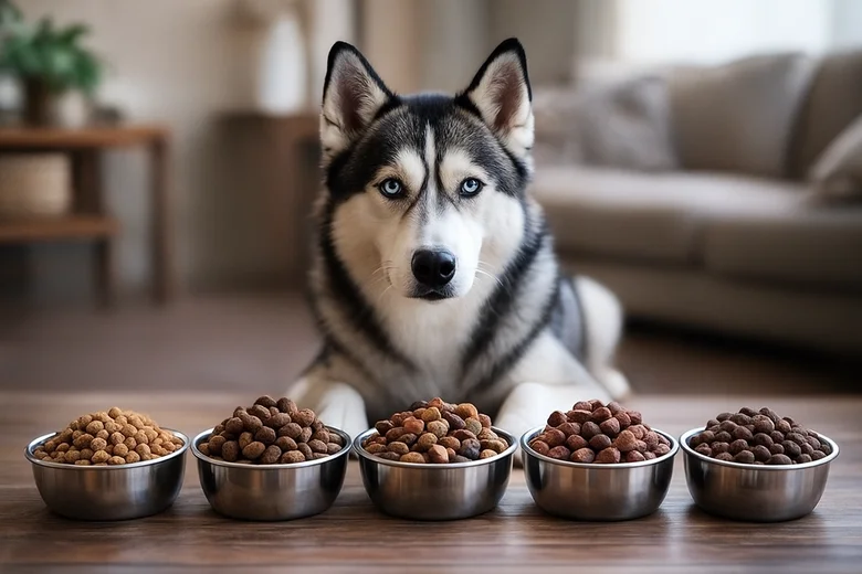Husky pes leží před pět miskami s krmivem pro psy.