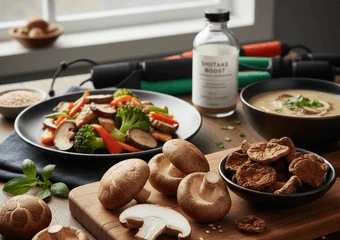 Suroviny pro recept s houbami: čerstvé houby, zelenina a polévka.