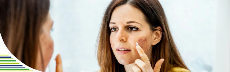 Žena se dívá do zrcadla a aplikuje krém na akné.