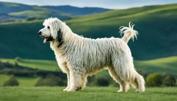 Bílý komondor stojí na trávníku s kopci v pozadí.