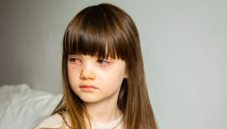 Dívka s červenými očima ukazující příznaky zánětu spojivek.
