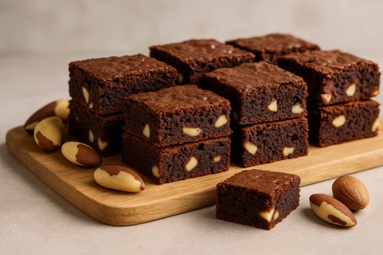 Čokoládové brownies s para ořechy na dřevěném podnosu
