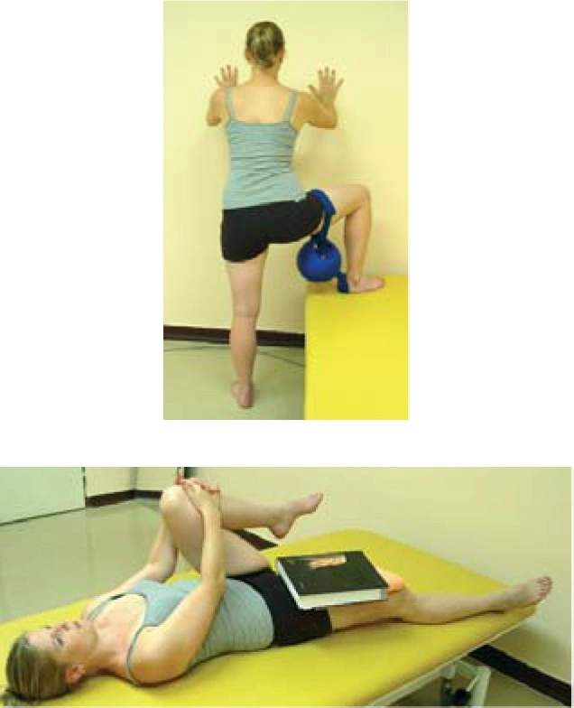 Woman doing hip exercises with ball and book on knee