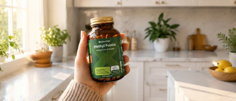 Ruka drží lahvičku s doplňkem vitamínu B9 (metylfolát) v kuchyni.