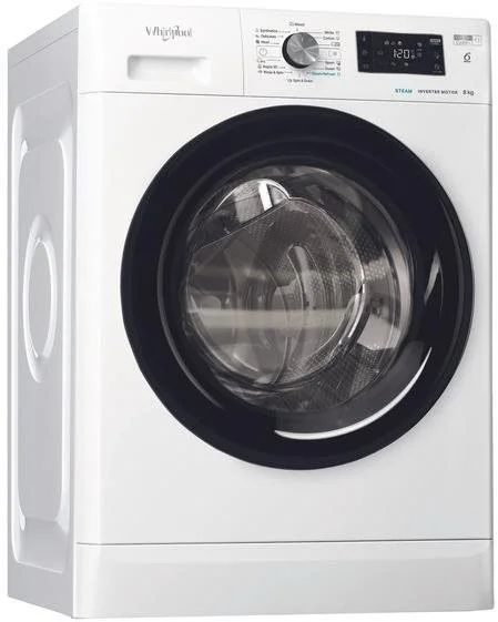 Bílá automatická pračka značky Whirlpool s digitálním displejem.