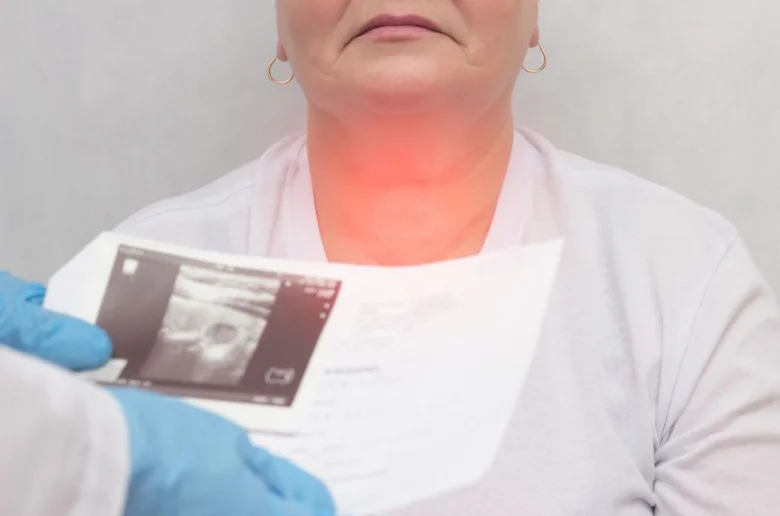 Woman with thyroid ultrasound report